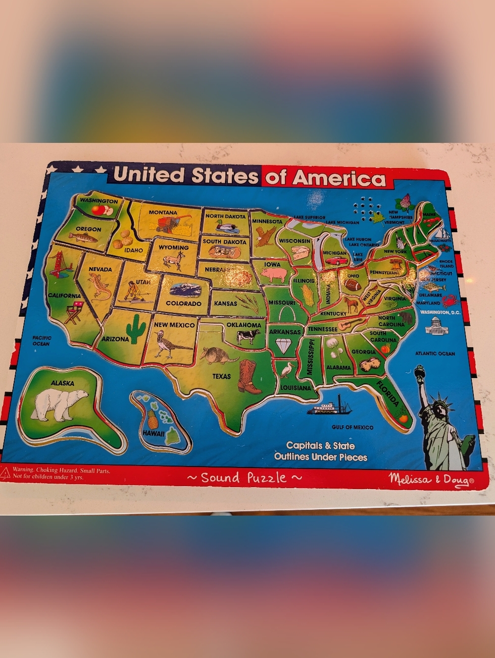 New Condition Melissa&Doug United States Wooden Map With Sound Of States/Capital